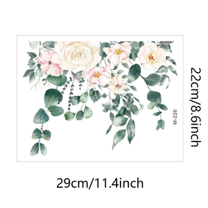 Detail view of watercolor pink rose and green leaf wall sticker measuring 29x22cm