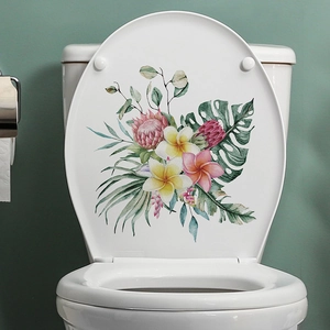 Sticker pour abattant WC avec feuilles tropicales monstera et fleurs de protéa roses