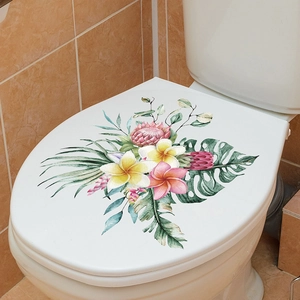 Sticker autocollant avec feuilles tropicales et fleurs pour décoration de couvercle WC