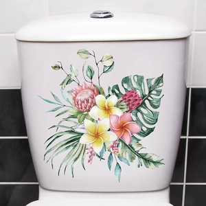 Autocollant de Toilette Plantes Vertes Tropicales Fleurs Sticker Mural Décoratif en PVC Amovible pour Décoration de Salle de Bain