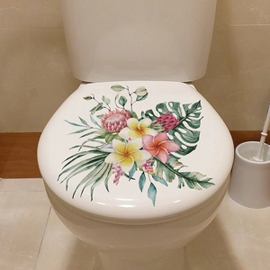 Feuilles tropicales vertes et fleurs colorées autocollants pour décoration de toilette