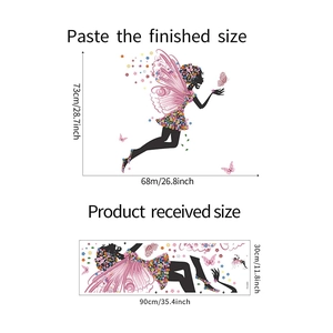 Detailed wall sticker layout and dimensions for a colorful butterfly fairy silhouette decor