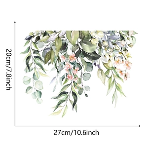 Detail view of tropical green leaves and pink flowers wall sticker, 27x20cm size
