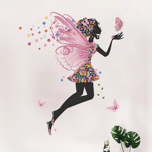 Fairy wall sticker with colorful floral dress and pink butterfly wings on white wall