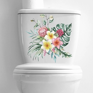 Stickers muraux autocollants feuilles tropicales et fleurs pour décor salle de bain