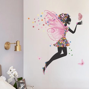 Whimsical butterfly fairy wall sticker with floral dress for kids bedroom decoration