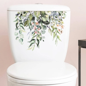 Macro detail of tropical green leaves and pink flowers waterproof sticker on a toilet tank