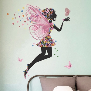 Fairy wall sticker with colorful flowers and butterflies for kid's bedroom decor