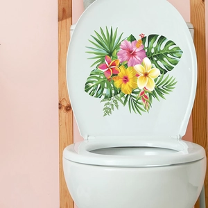 Tropical floral toilet lid sticker with vibrant hibiscus flowers and monstera leaves