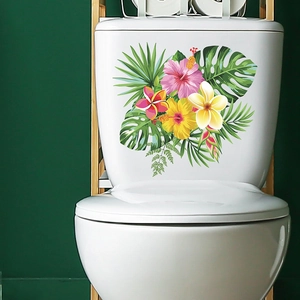 Tropical green leaves and hibiscus flower self-adhesive toilet seat lid wall stickers