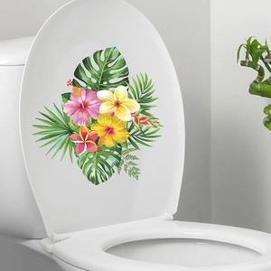 Tropical floral toilet lid sticker with hibiscus and monstera leaves for bathroom decor
