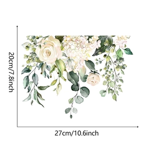 Detail view of tropical floral toilet sticker featuring white roses and eucalyptus leaves