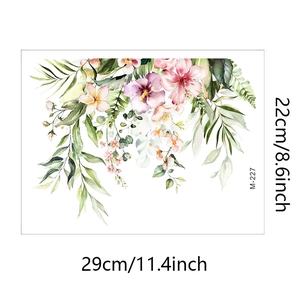 Detail view of tropical watercolor flower wall decals with dimensions 29cm x 22cm