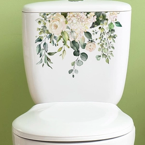 Tropical green plants and white rose watercolor toilet lid wall decal home decor