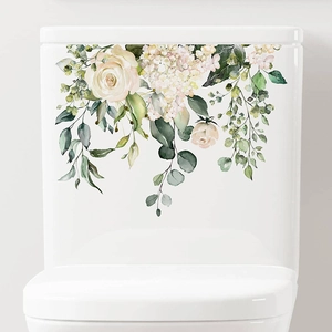 Tropical white rose and green leaf self-adhesive floral wall sticker for bathroom decor