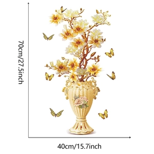 Detailed 3D wall sticker showing yellow magnolia flowers in an embossed vase size 70x40cm