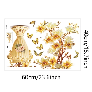 Detail of 3D embossed wall stickers featuring yellow magnolias and a floral vase