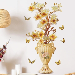 3D embossed wall sticker featuring vintage flower vase and yellow magnolias with butterflies