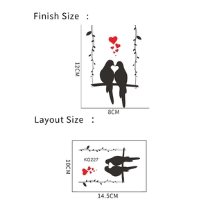 Wall decal showing dimensions for layout size and finished birds on a branch