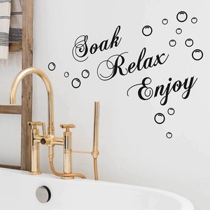 Stickers muraux de salle de bain Soak Relax Enjoy avec bulles et lettrage noir élégant