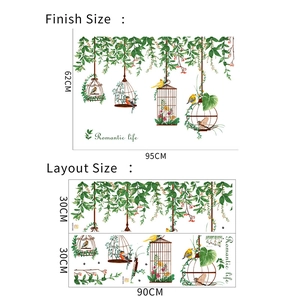 Detailed size guide for tropical plants and birdcage wall decals with layout dimensions
