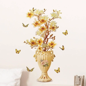 3D embossed wall sticker featuring yellow magnolias in a porcelain vase with butterflies