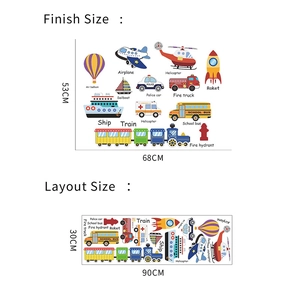 Detailed wall sticker layout and finished dimensions of cartoon transport vehicles