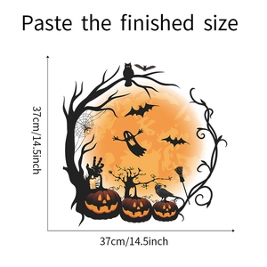 Detail showing Halloween wall sticker dimensions with pumpkins and ghosts on white background