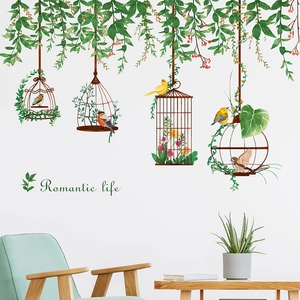 Self-adhesive wall stickers featuring vintage birdcages and tropical green leaves decor