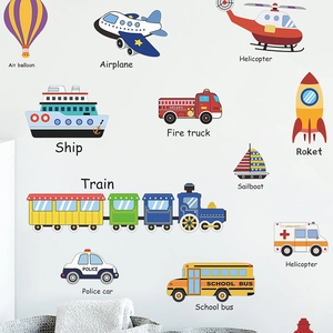 Kids Cartoon Transportation Wall Stickers PVC Colorful Airplane Car Ship Rocket Decal For Children Bedroom Nursery Home Decoration