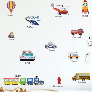 Cartoon transportation wall stickers with colorful planes and cars for kids bedroom decor