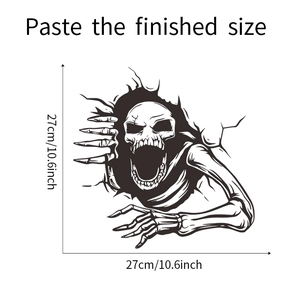 Detail showing self-adhesive skull decal dimensions measuring 27cm for bathroom decor