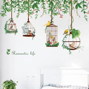 Tropical green leaves and birdcage wall stickers for bedroom home wall decor