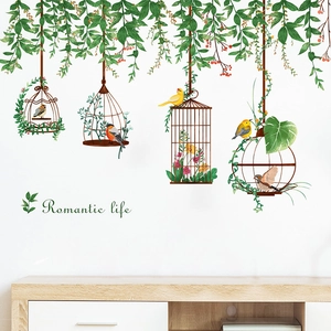 Tropical hanging birdcages wall decal with green leaves and red berries for home decor