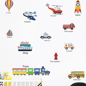 Cartoon transportation wall decals with English words for kids bedroom nursery decor