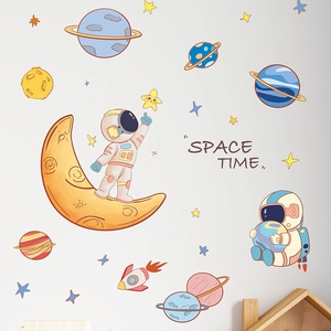 Cartoon Weltraum Wandtattoo mit Astronauten und Planeten für Kinderzimmer Wanddekoration