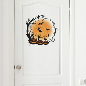 Halloween wall sticker with pumpkins, ghosts and bats on a white door in moonlight