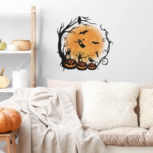 Detailed Halloween wall decal featuring pumpkins, bats, and moon in a cozy living room scene