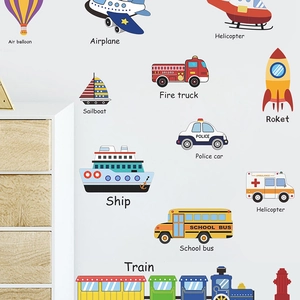 Cartoon vehicle wall stickers for nursery featuring colorful planes, cars, and boats