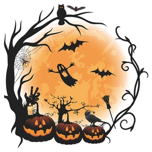 Halloween wall sticker set with pumpkins, ghosts, and bats on orange moon background