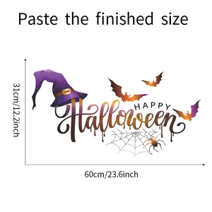 Detail showing dimensions of Halloween wall sticker with witch hat, bats and spiders