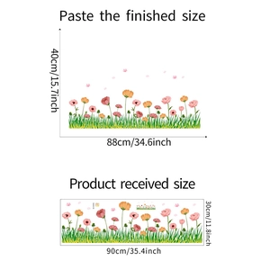 Detail view of flower and grass wall sticker layout showing product and applied dimensions