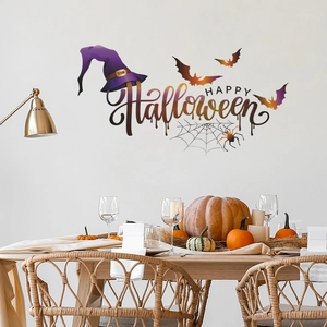 Happy Halloween wall decals featuring witch hat and bats on white wall backdrop