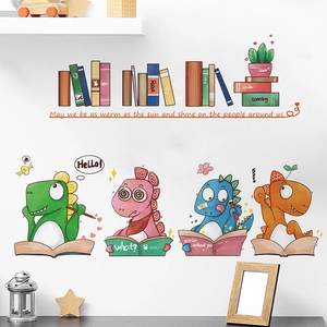Cartoon-Wandaufkleber mit lesenden Dinosauriern und Regenbogen-Bücherregal für Kinderzimmer