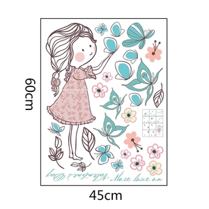 Detail view of cartoon girl and butterfly wall sticker layout with 45x60cm dimensions