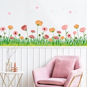 Self-adhesive floral wall stickers with pink poppy flowers and green grass for home decor