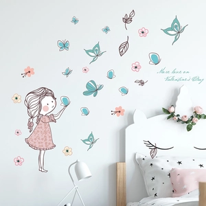 Cartoon Girl Butterfly Wall Sticker Removable PVC Valentine Day Home Decor For Kids Bedroom Nursery Kindergarten Wall Decal