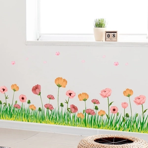 Floral baseboard wall stickers featuring watercolor flowers and grass for home decor