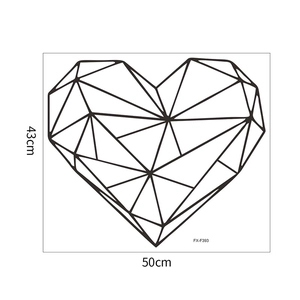 Detailed dimensions of a geometric heart wall sticker measuring 50cm by 43cm in black