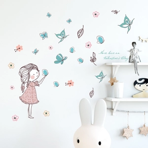 Cartoon girl and blue butterflies wall stickers for nursery and children bedroom decor